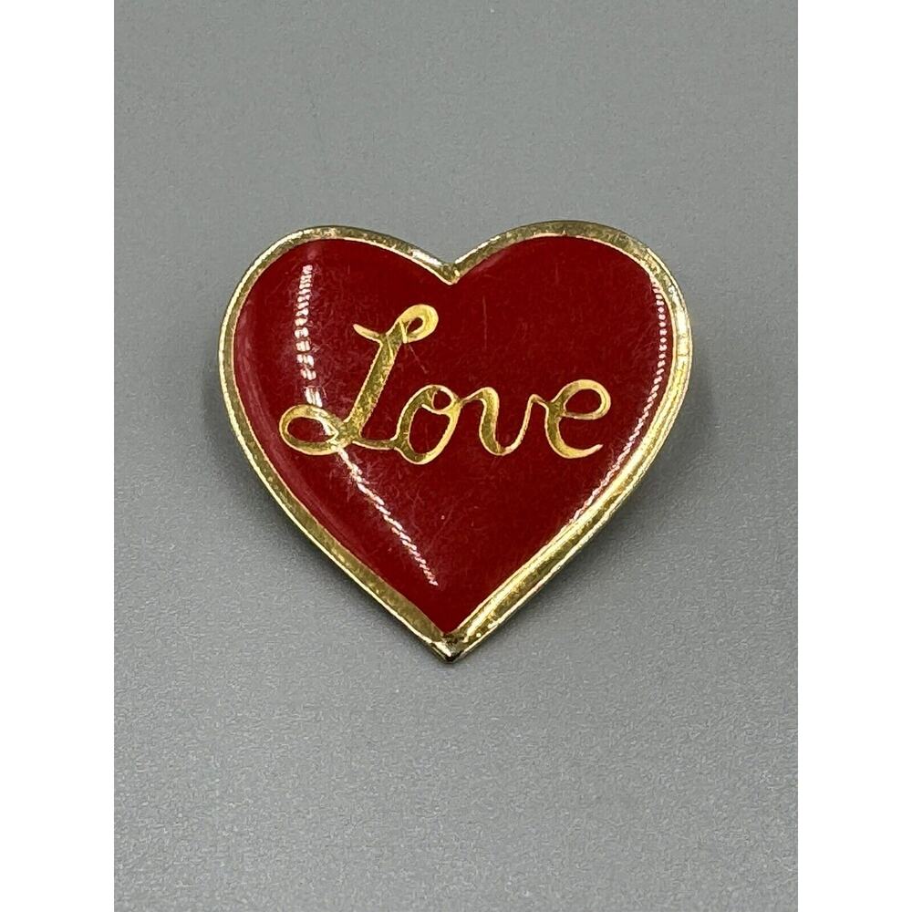 Vintage Red Heart Shaped Gold Colored Trim Love Letters In Middle‎ Lapel Pin